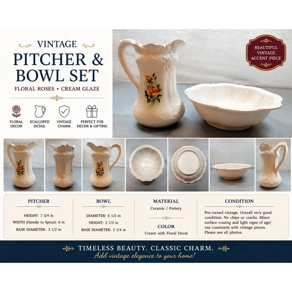 Vintage Ceramic Pitcher and Basin Set Cream Floral Rose Embossed Scroll Detail